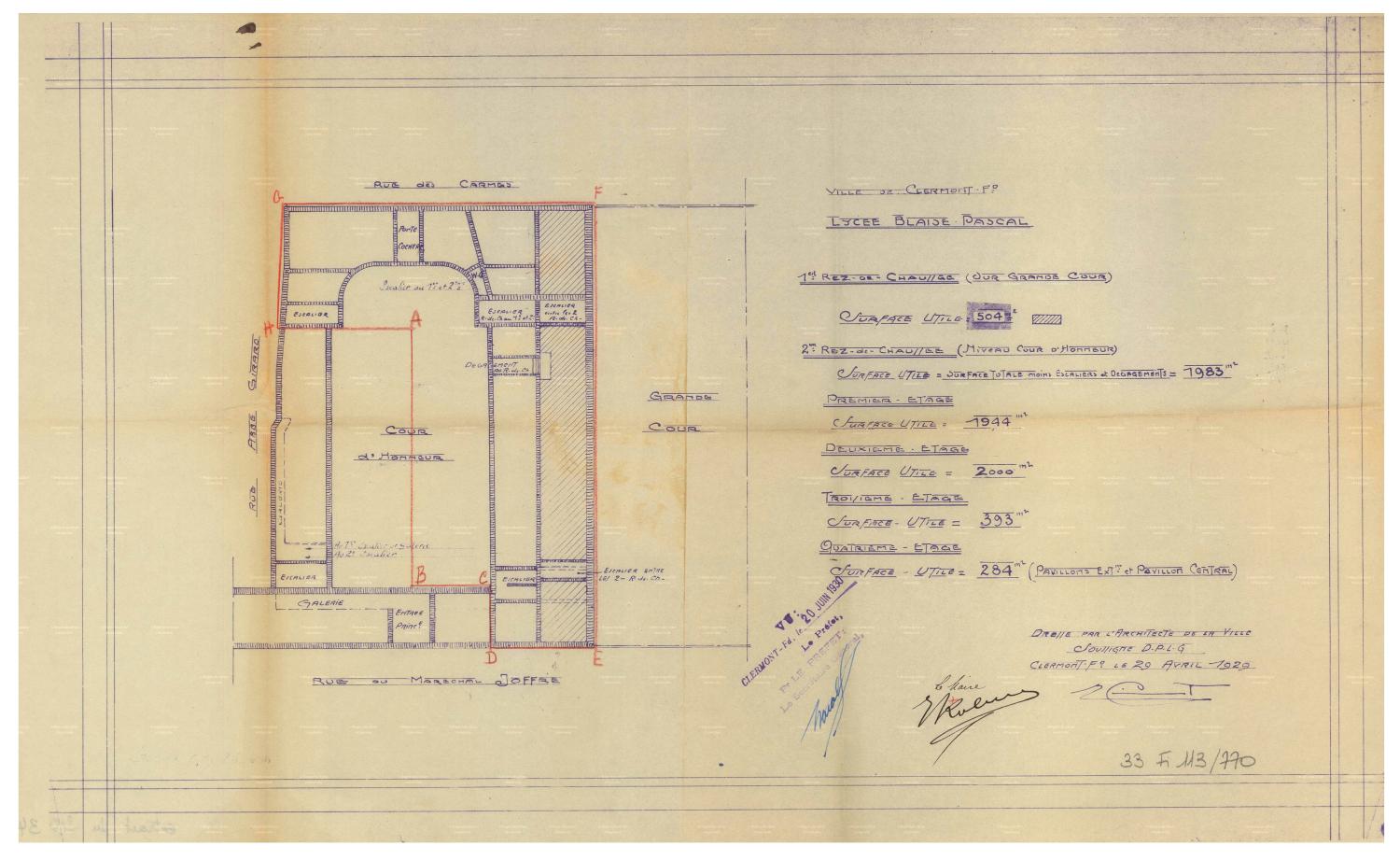 Plan du lycée en 1929 avec projet d'affectation d'une partie des locaux à l'Etat, par Pincot (AD Puy-de-Dôme, 33 Fi 770)