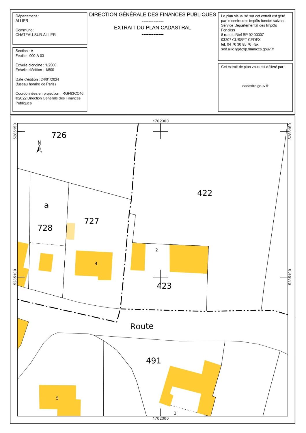 Emplacement sur le plan cadastral du presbytère de Château-sur-Allier, parcelle 423, en 2021