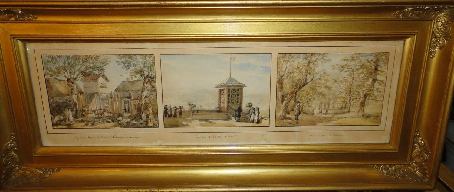 Trois aquarelles dans un même cadre - " Ferme à Villeneuve " / " Terrasse du château de Randan " / " Parc du château "