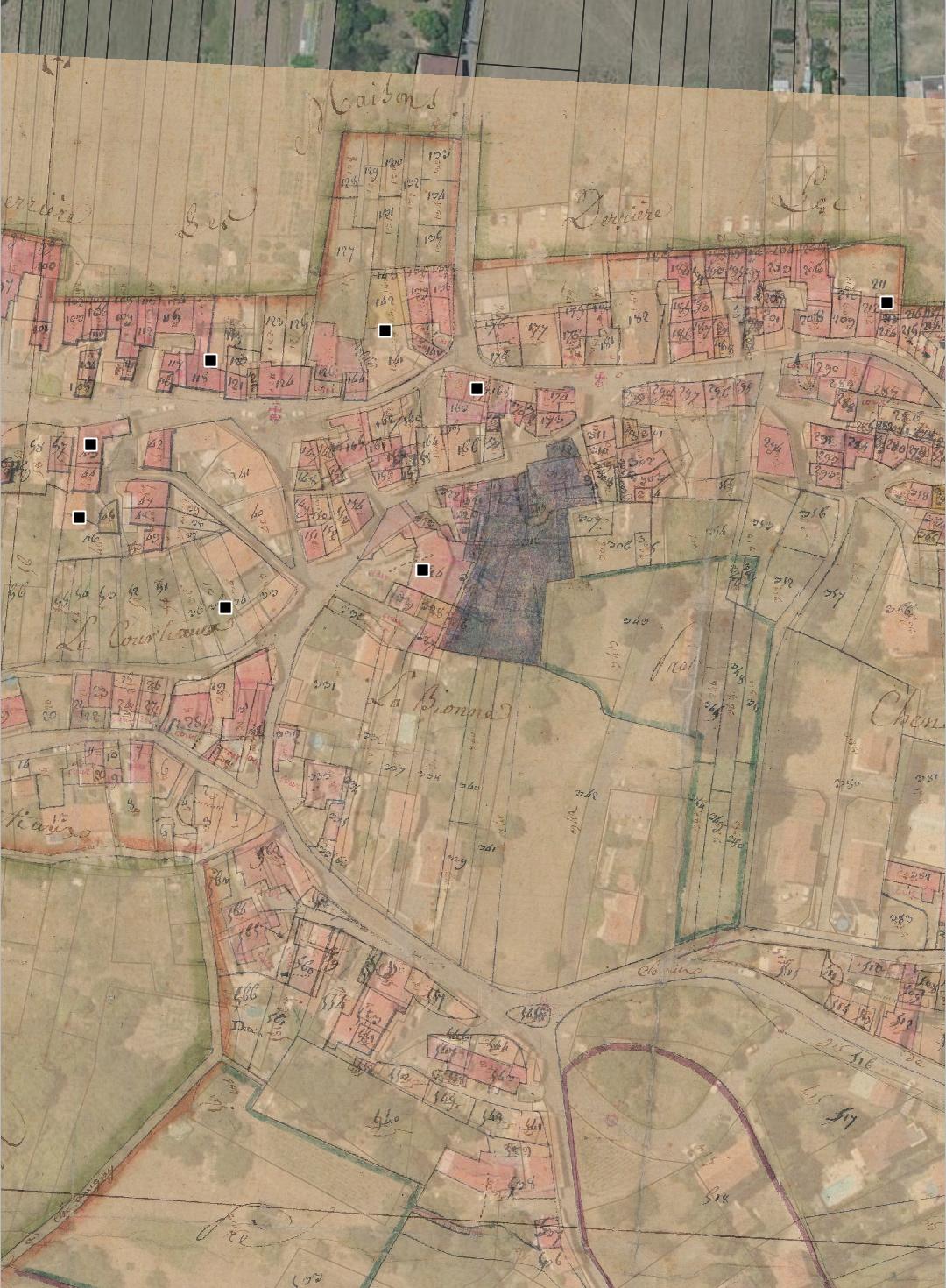 Commune de Châteaugay (bas) : localisation des maisons vigneronnes (cadastre dit napoléonien, 1809, AD Puy-de-Dôme, 51 Fi 265 et 266)