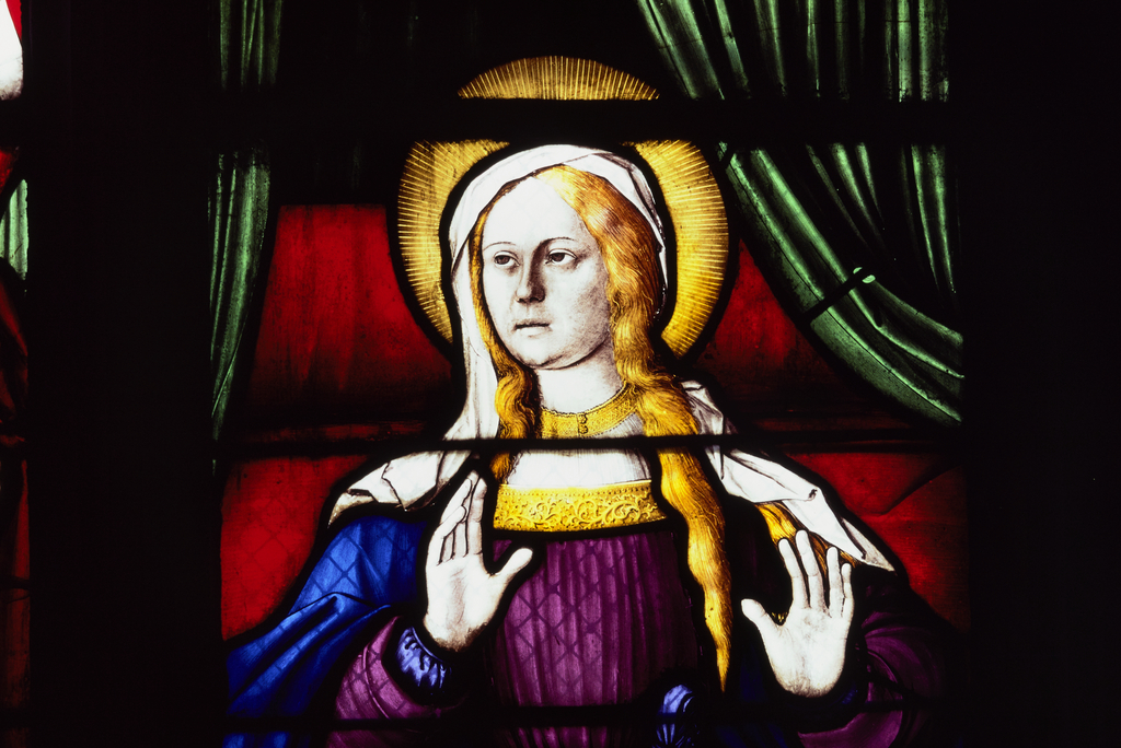 Verrière : Apparition du Christ à Marie, Apparition du Christ à Marie Madeleine (baie 0), verrière figurée