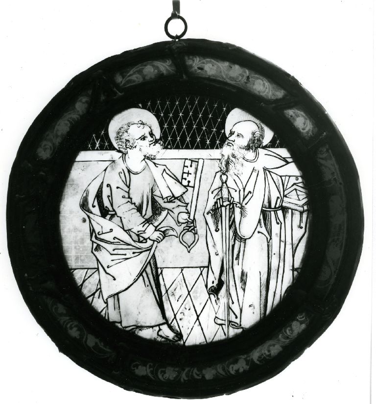 Verrière (2, rondel) : saint Pierre et saint Paul, saint Nicolas, verrière à personnages