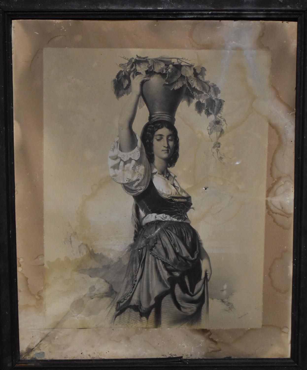 Estampe : Portrait d'une femme qui porte une jarre remplie de vigne