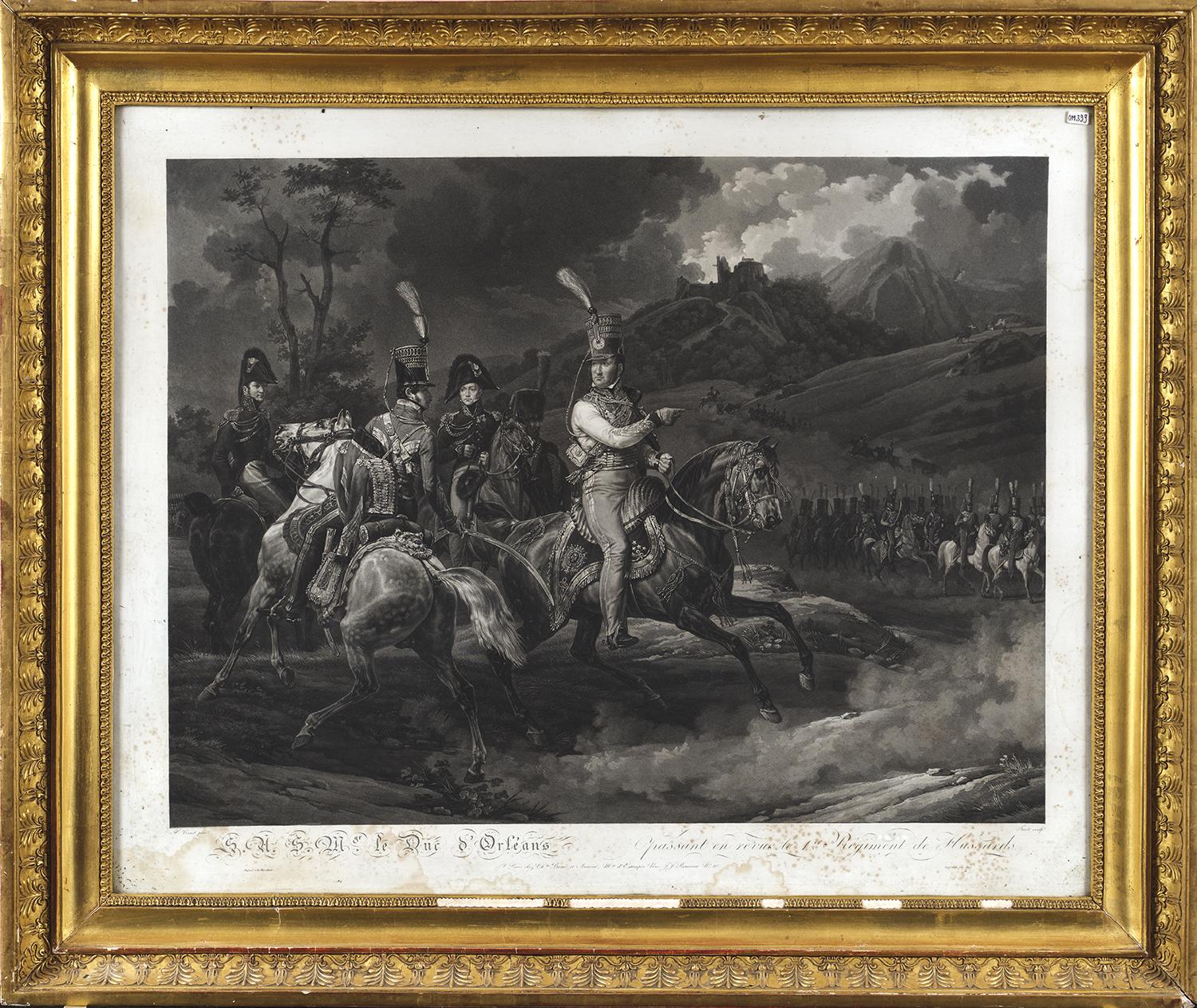 Estampe d'après Horace Vernet : S.A.S. Mgr le Duc d'Orléans passant en revue le 1er régiment de hussards