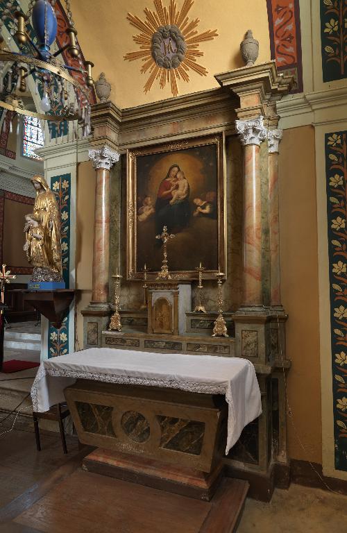 Ensemble des autels de la Vierge et de saint Joseph : autel tombeau, gradin d'autel, tabernacle, retable architecturé (autels latéraux)