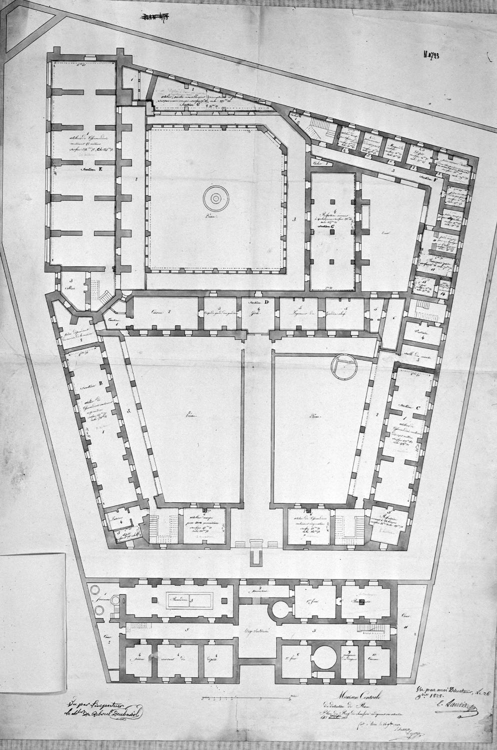 Maison centrale de détention de Riom. Plan du rez-de-chaussée indiquant sa situation le 15 novembre 1828, papier, 65 x 94 cm., lavis, 0,7 cm./m., par Degeorge, architecte, 1828 (AD 63 meuble à plans 1013 n° 723).