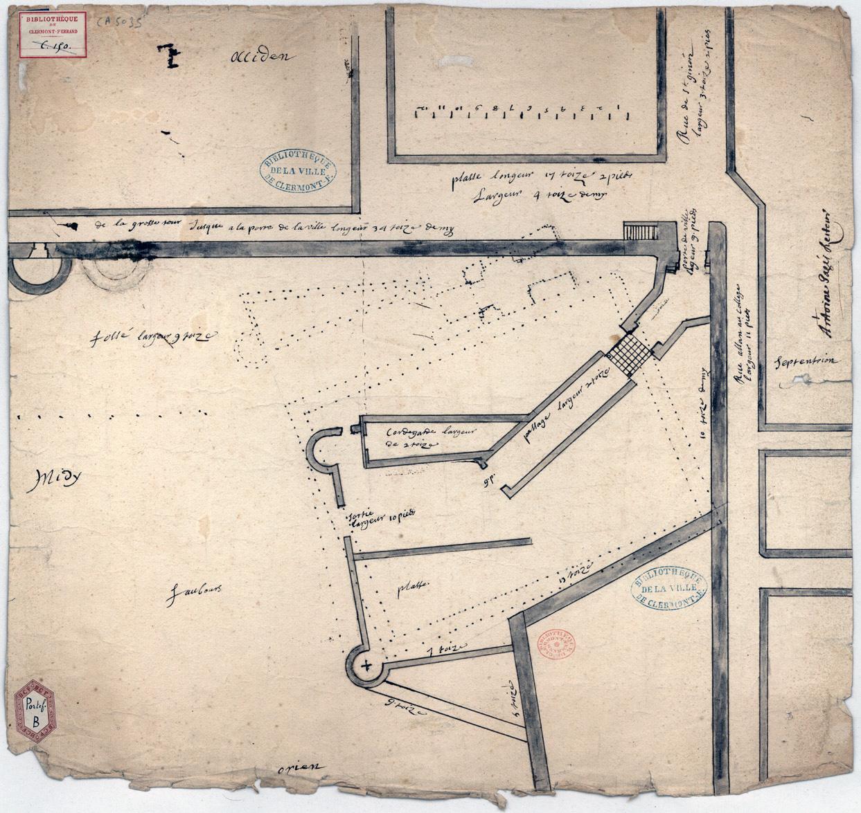Terrain concédé aux jésuites en 1684 : plan d'état des lieux par le père Antoine Pagès (B Patrimoine CAM, CA 5035)