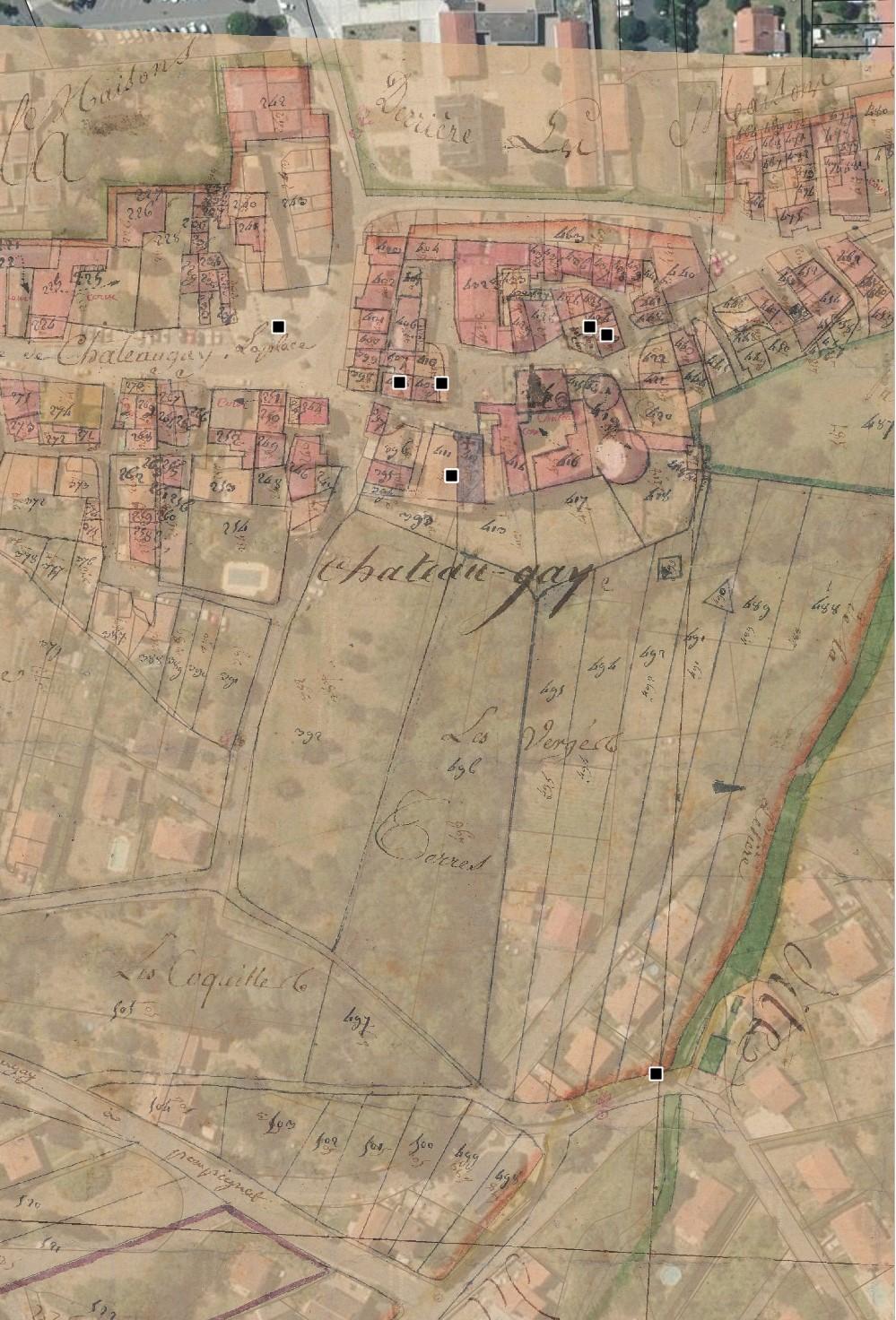 Commune de Châteaugay (château) : localisation des maisons vigneronnes (cadastre dit napoléonien, 1809, AD Puy-de-Dôme, 51 Fi 265 et 266)