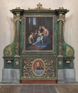 Autel, retable architecturé à ailettes : la Sainte Famille avec sainte Elisabeth et saint Jean Baptiste ; portrait de saint François de Sales