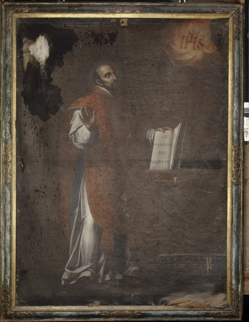 Tableau : Saint Ignace de Loyola montrant la devise de la compagnie de Jésus