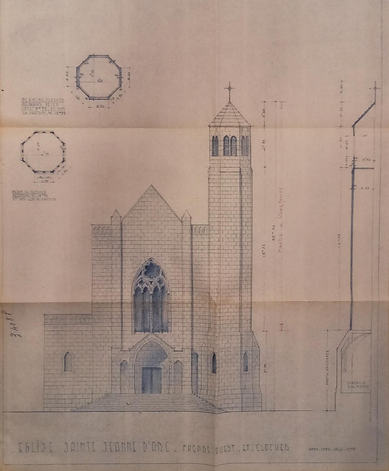 Elévation et coupe de l'église Jeanne-d'Arc