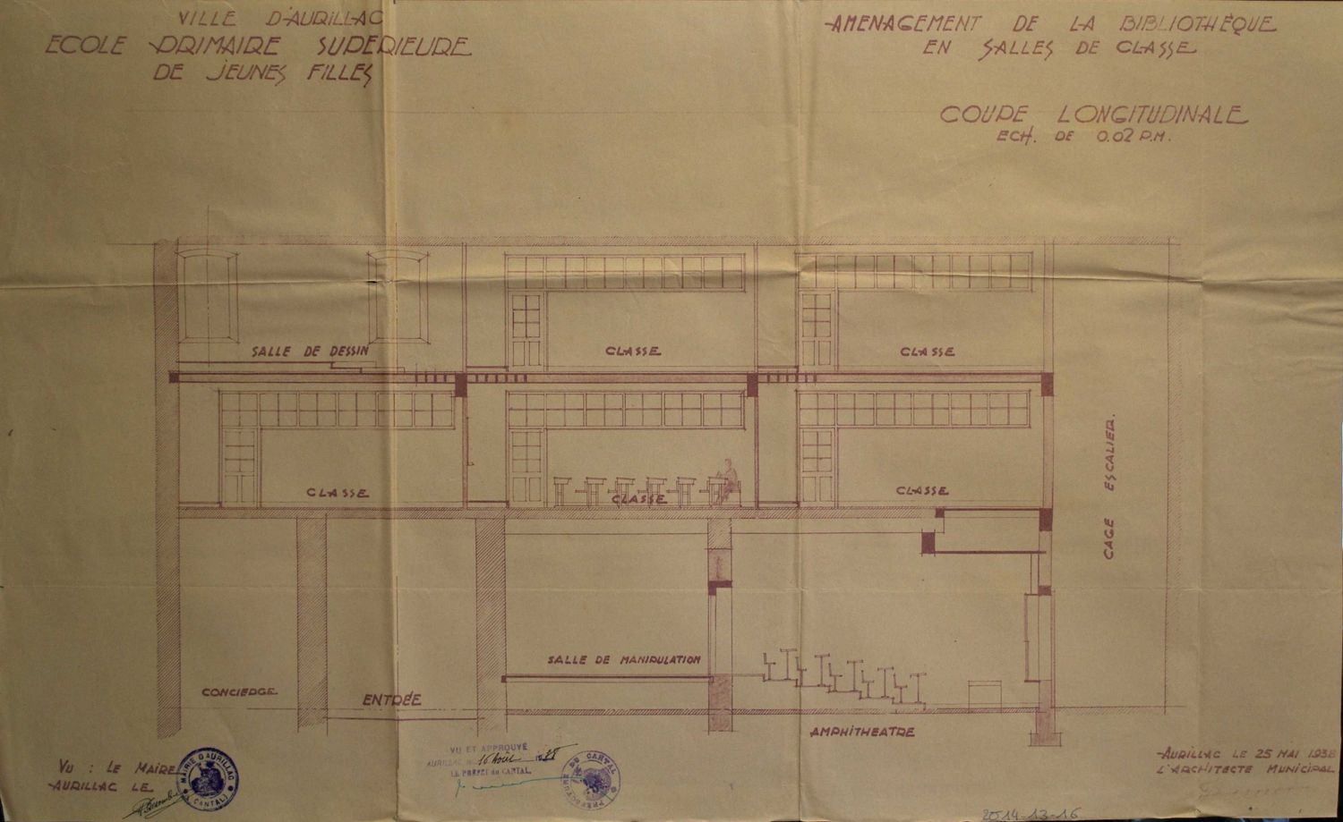 Coupe des nouvelles salles de sciences et salles de classe par J. Brunot, mars 1938 (AD Cantal, 2 O 14/13-16)