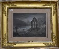Dessin : Paysage avec une ruine et un personnage autour d'un feu