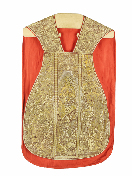 ensemble d'une chasuble, de deux dalmatiques, de deux étoles, de trois manipules, d'un voile de calice, d'une bourse de corporal, d'un voile huméral : ornement doré n°3 dit ornement angélique