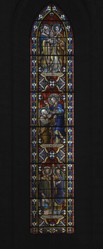Verrière figurée : saint Pothin et saint Jean l'Evangéliste ; le Christ remettant les clefs à saint Pierre ; saint Irénée et saint Hippolyte (baie 3)