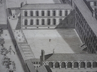 Vue en perspective des bâtiments de la Charité, 1646 (détail de la cour du cimetière). Plan gravé AC Lyon. Fonds des HCL ; B417