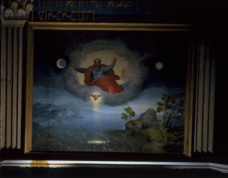 Ensemble des deux tableaux de l'oratoire de la chapelle : l'Esprit fécondant les eaux, l'Annonciation