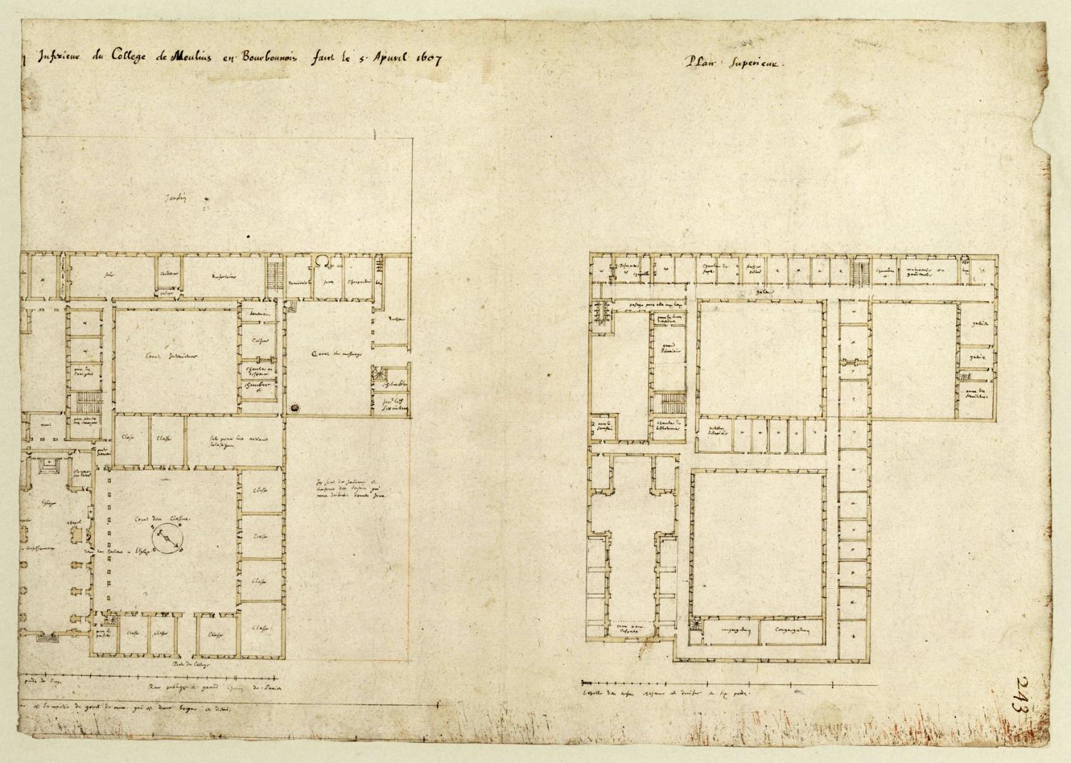 Projet pour le collège de Moulins : plans du rez-de-chaussée et du 1er étage par Etienne Martellange, 5 avril 1607 (Quimper, Médiathèque, Ms 179, fol. 243