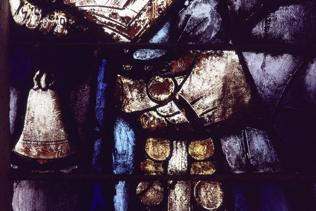 Verrière : calvaire, saint Laurent, saint Antoine, saint Etienne (baie 0), verrière figurée, verrière à personnages