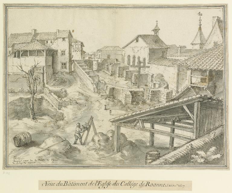 Première année de la bâtisse de l'église du collège de Roanne, le 16 Décembre 1617 (B.n.F., Est., fonds Martellange ; 102).