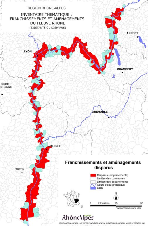Carte des points de franchissement et des aménagements du fleuve disparus (par commune)