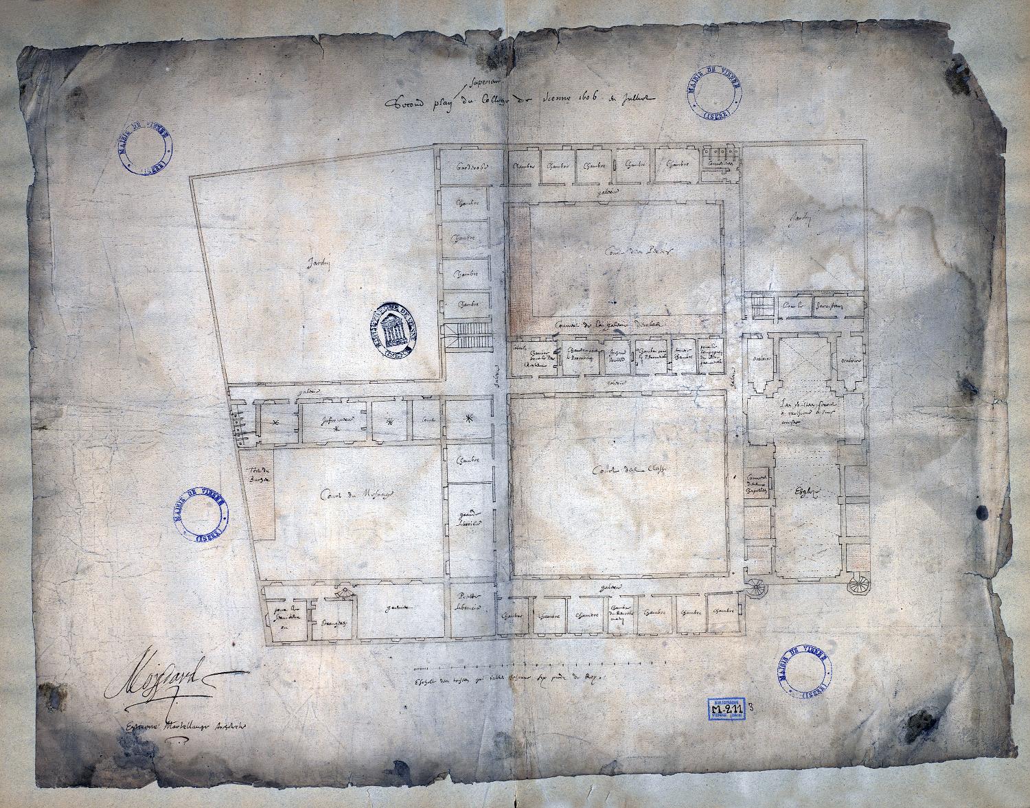 Plan d'ensemble du 1er étage par E. Martellange, juillet 1606 (Vienne, Médiathèque, M 211/3)