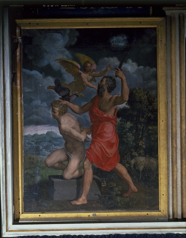 Ensemble des deux tableaux en pendant encadrant le retable de la chapelle : Abraham offrant Isaac, Melchisédech offrant à Dieu le pain et le vin