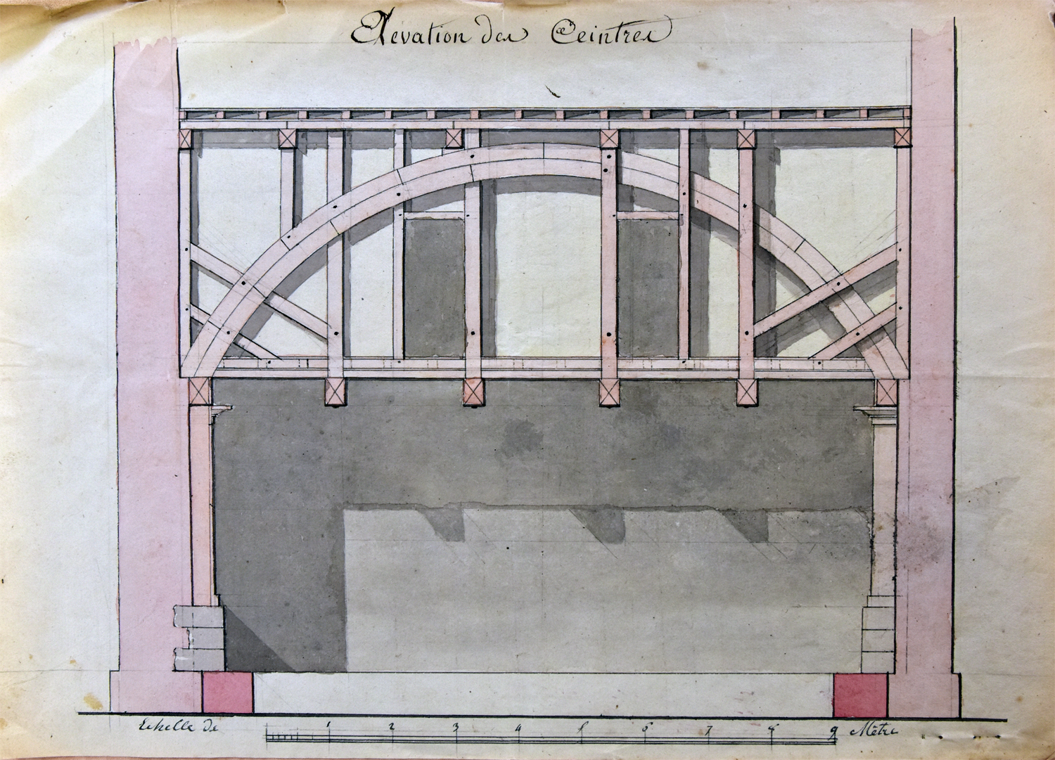 Elévation des cintres pour le corps de bâtiment principal par Garsaud (architecte voyer), 1816 (AD Cantal, 1 T 163)