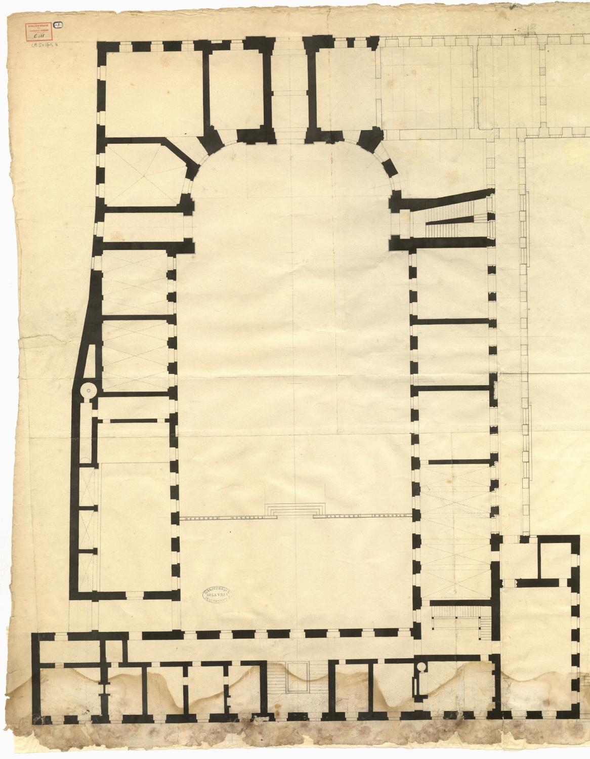 Plan d'état des lieux de l'école centrale avec projet d'agrandissement à l'est par A. Richier, 1802 (B Patrimoine CAM, CA 5017/3)