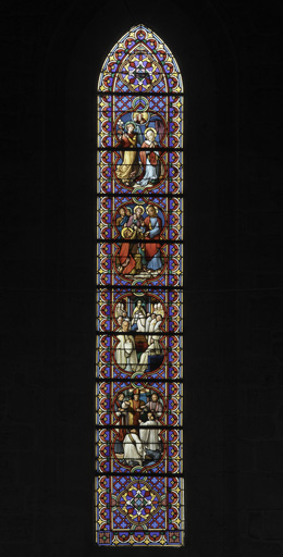 Ensemble de 3 verrières figurées : l'Éducation de la Vierge, le baptême de Clovis, la visite de sainte Jeanne de Chantal à Montbrison, l'Annonciation, la remise des clefs à saint Pierre, scène d'ordination d'évêques, un concile, saint Augustin, saint Benoît, saint Maur et saint Placide, la remise du rosaire à saint Dominique, saint François d'Assise (baies 15, 17 et 19)