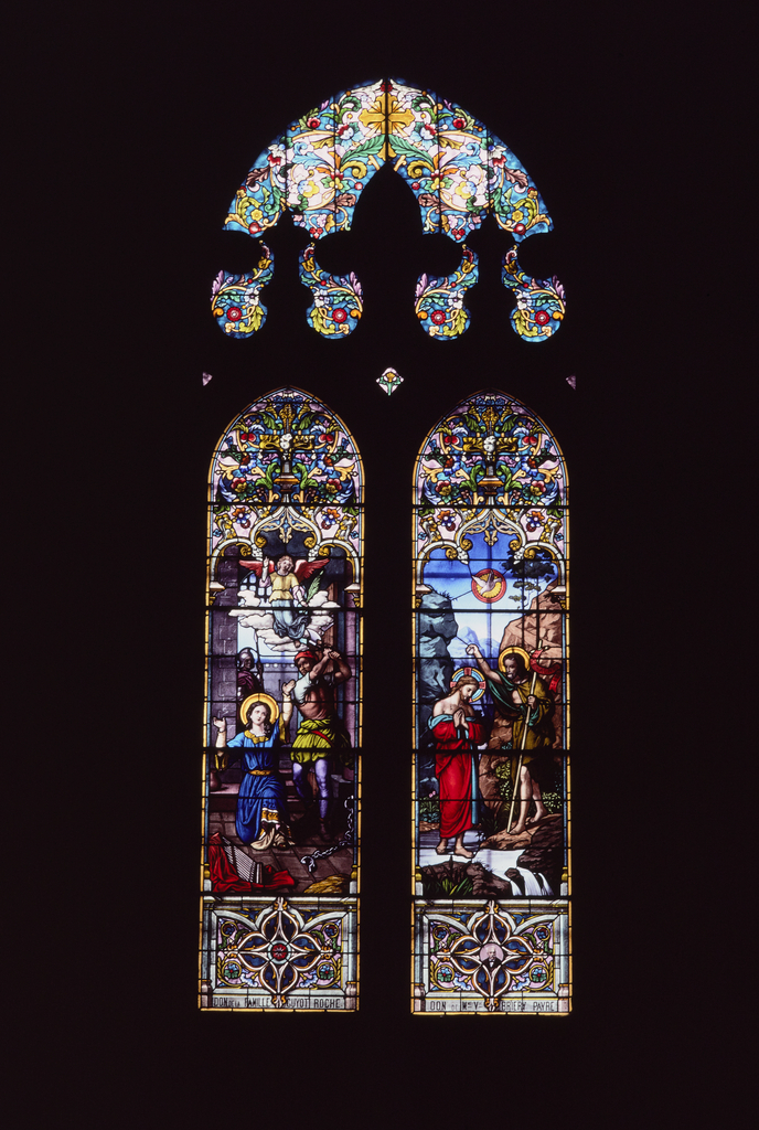 Verrière : martyre de sainte Cécile, Baptême du Christ (baie 3), verrière figurée