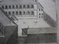 Vue en perspective des bâtiments de la Charité, 1646 (détail de la cour des femmes). Plan gravé AC Lyon. Fonds des HCL ; B417