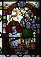 Verrière (vitrail suisse) : donateurs et leurs armoiries, sainte Thérèse, sainte Jeanne d' Arc, sainte Hélène (baie 1), verrière à personnages