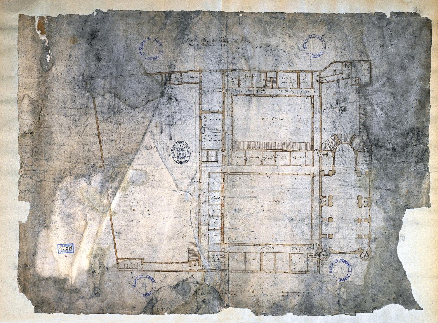 Plan d'ensemble du 1er étage par E. Martellange, décembre 1610 (Vienne, Médiathèque, M 211/5)
