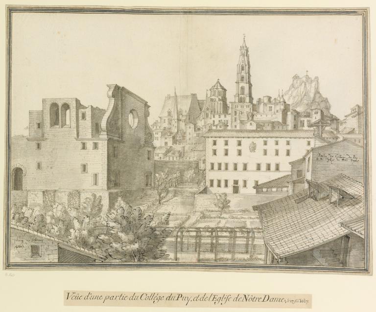 Vue de l'ancien collège et de l'église en cours de construction par E. Martellange, 1617  (BnF, Est. RESERVE UB-9-BOITE FT 4))