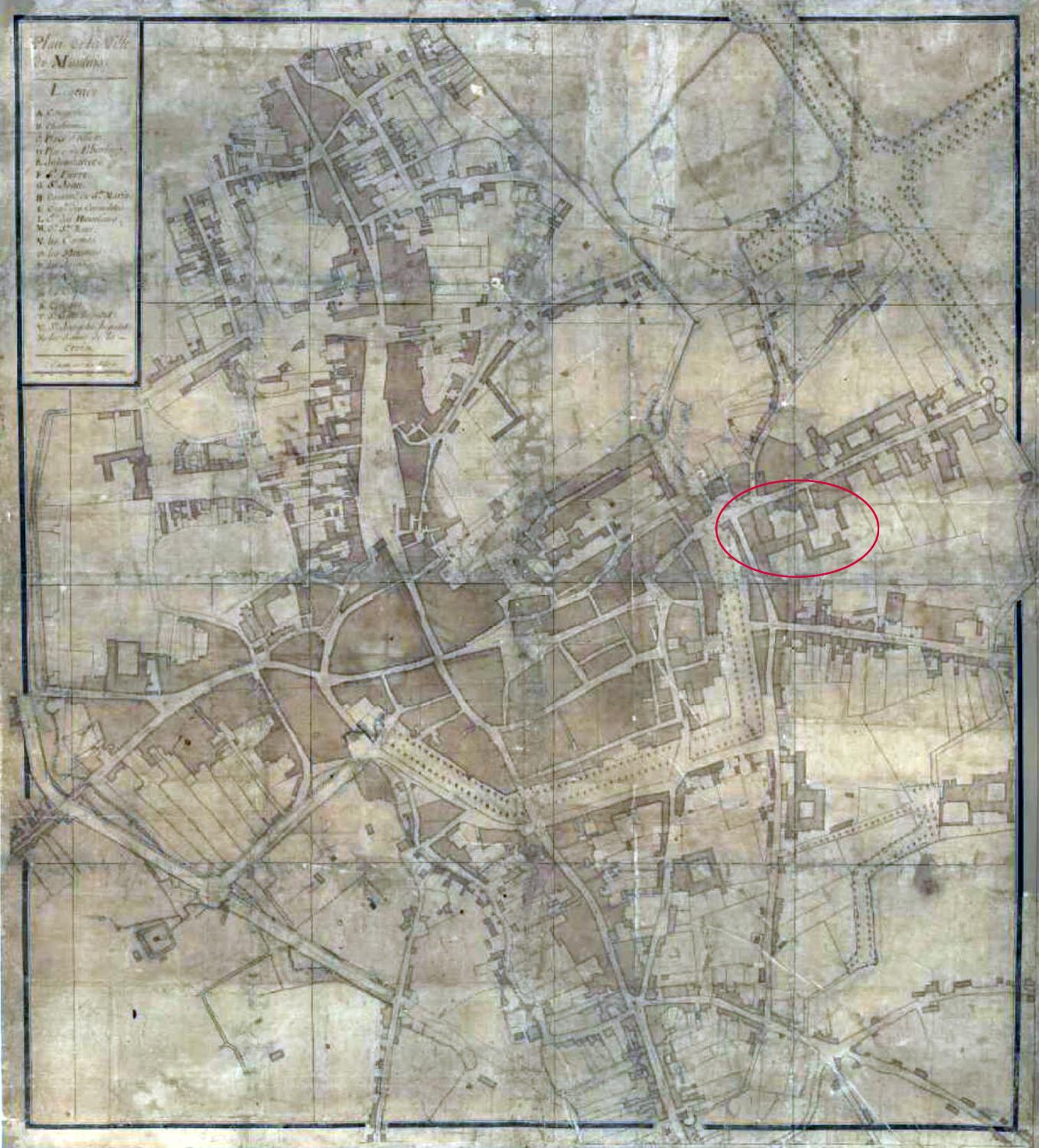 Plan de Moulins au 18e siècle (après 1756), avec localisation du collège (AD Allier, 1 C 22)