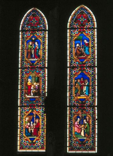 Ensemble des quatre verrières historiées des chapelles Nord et Sud : Vie de la Vierge et vie du Christ (baies 5 à 8)