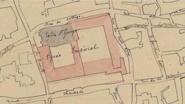 Plan masse du collège, détail du plan de la ville du Puy par L.-Ch. Le Maire, atlas des lycées, 1862 (AN, CP/F/17/*/2569)