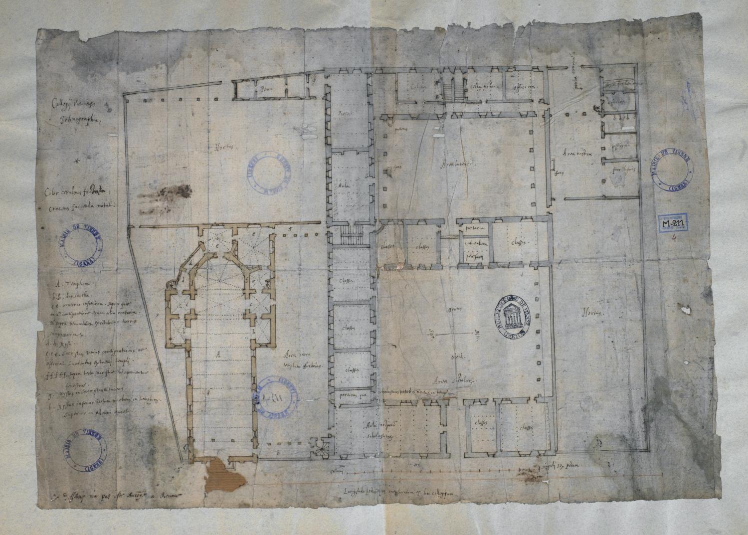 Plan d'ensemble avec projet pour l'église par Ed. Moreau (?) , v. 1625 (Médiathèque, Vienne, M 211/4)