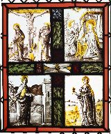 Verrière (rondel) : calvaire, Annonciation, saint barbe, sainte Marie-Madeleine, verrière figurée