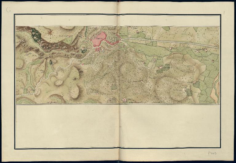 Carte de la route du 18e siècle passant à Thiers, extraite de l'Atlas de Trudaine.