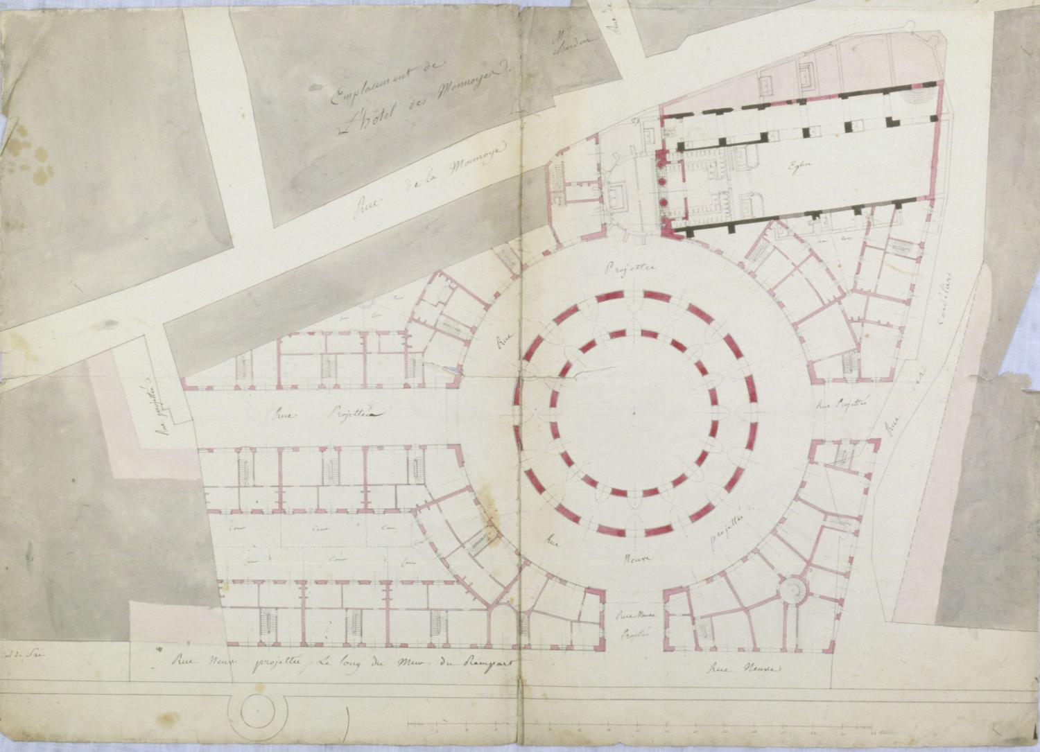 Projet et plan pour un nouveau quartier à l'emplacement de la maison centrale, comprenant rues, halle circulaire, immeubles d'habitation et église, dessin lavis rose clair, fuschia, gris et noir, échelle de 32 toises, 78 x 48 cm, par Richier, vers 1800-1830 (Bibliothèque du Patrimoine Clermont-Ferrand, CA5089).
