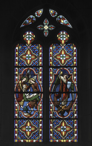 Ensemble de 2 verrières figurées (verrière archéologique) : la mort de la Vierge ; saint Michel terrassant le démon ; l'ange gardien (baies 11 et 13)