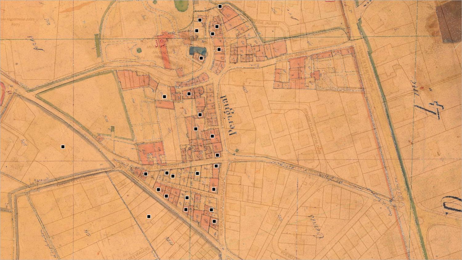 Commune de Pérignat-lès-Sarliève (sud) : localisation des maisons vigneronnes (cadastre dit napoléonien, 1831, AD Puy-de-Dôme, 51 Fi 880)