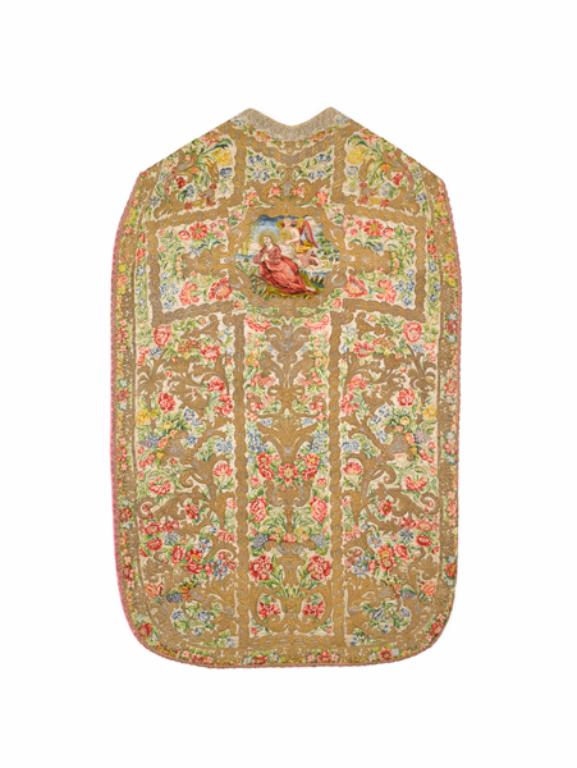 chasuble, étole, manipule, voile de calice, bourse de corporal, pale, pavillon de ciboire : ornement blanc (collection particulière)