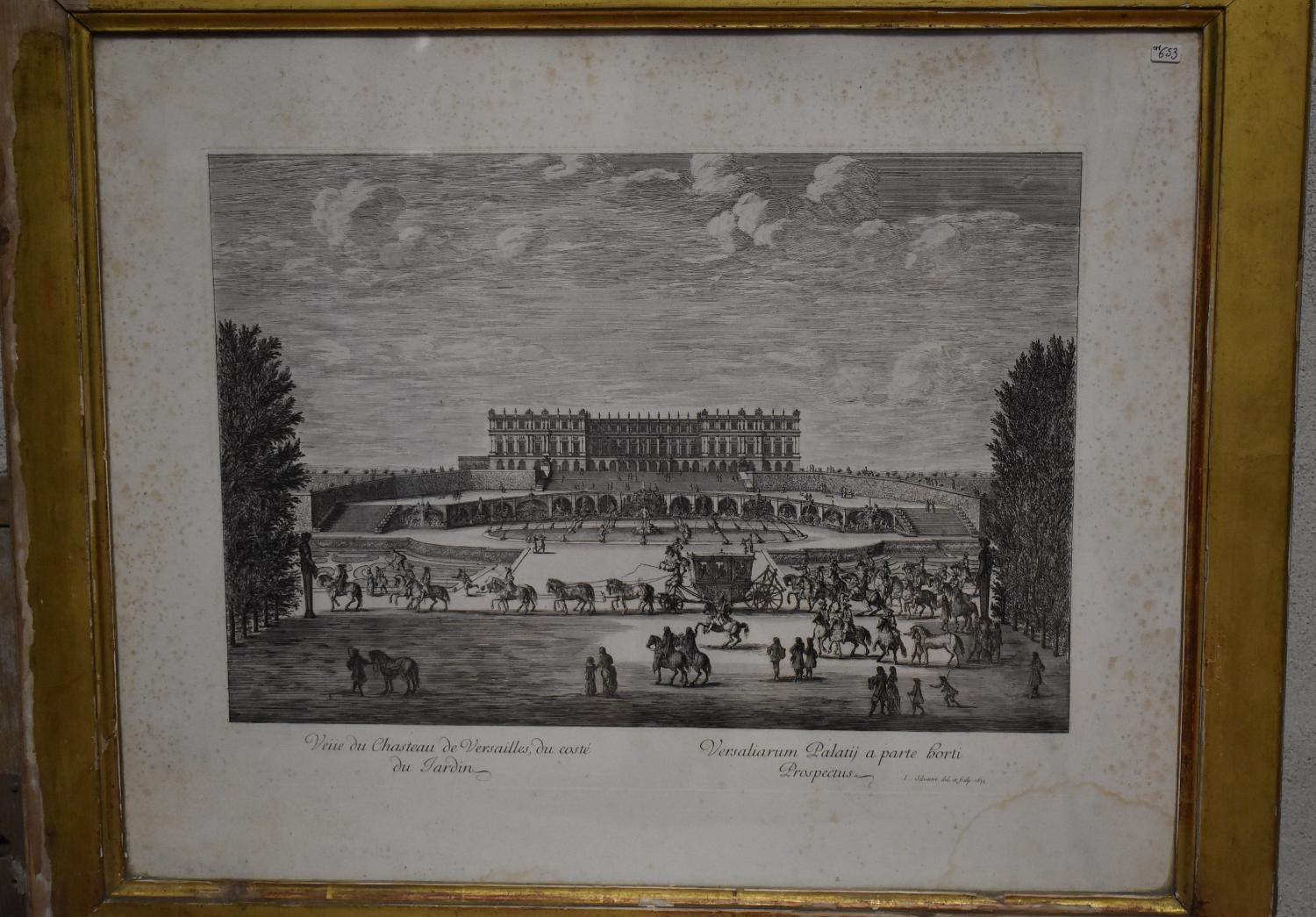 Estampes d'Israël Silvestre (4) : 1 : Vue du château de Versailles, du côté du Jardin ; 2 : Château Royal de Versailles, vue du milieu de la grande avenue ; 3 : Vue du Château, des Jardins, et de la Ville de Versailles, du côté de l'Etang ; 4 : Château de Versailles, vue de l'avant-cour