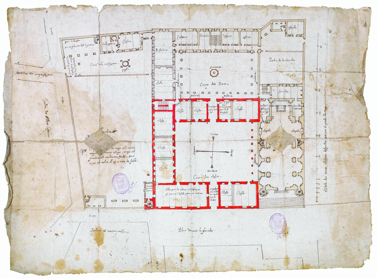 Plan d'ensemble du rez-de-chaussée par le père Ed. Moreau, 1615 (Vienne, Musée des beaux-arts et d'archéologie, inv. R 494/717)