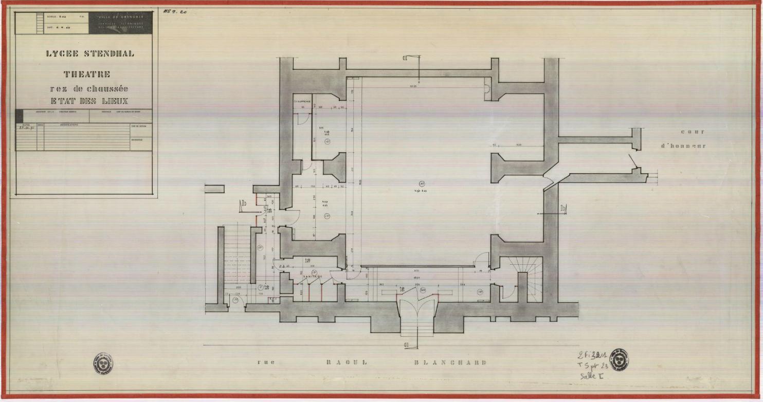 Salle de théâtre : plan du rez-de-chaussée, état des lieux en 1969 (ACM Grenoble, 2 Fi 321)