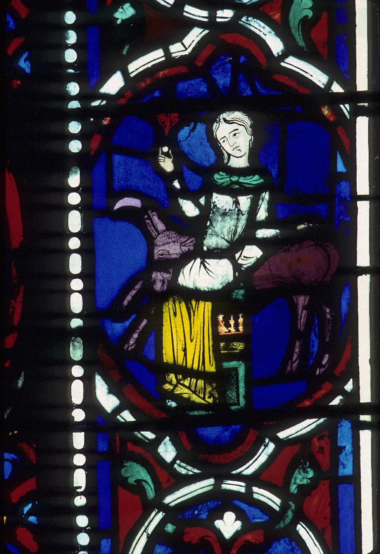 Détail de la baie 0 de la cathédrale Saint-Jean de Lyon : bordure du registre inférieure, coté droit : jeune fille chevauchant une licorne