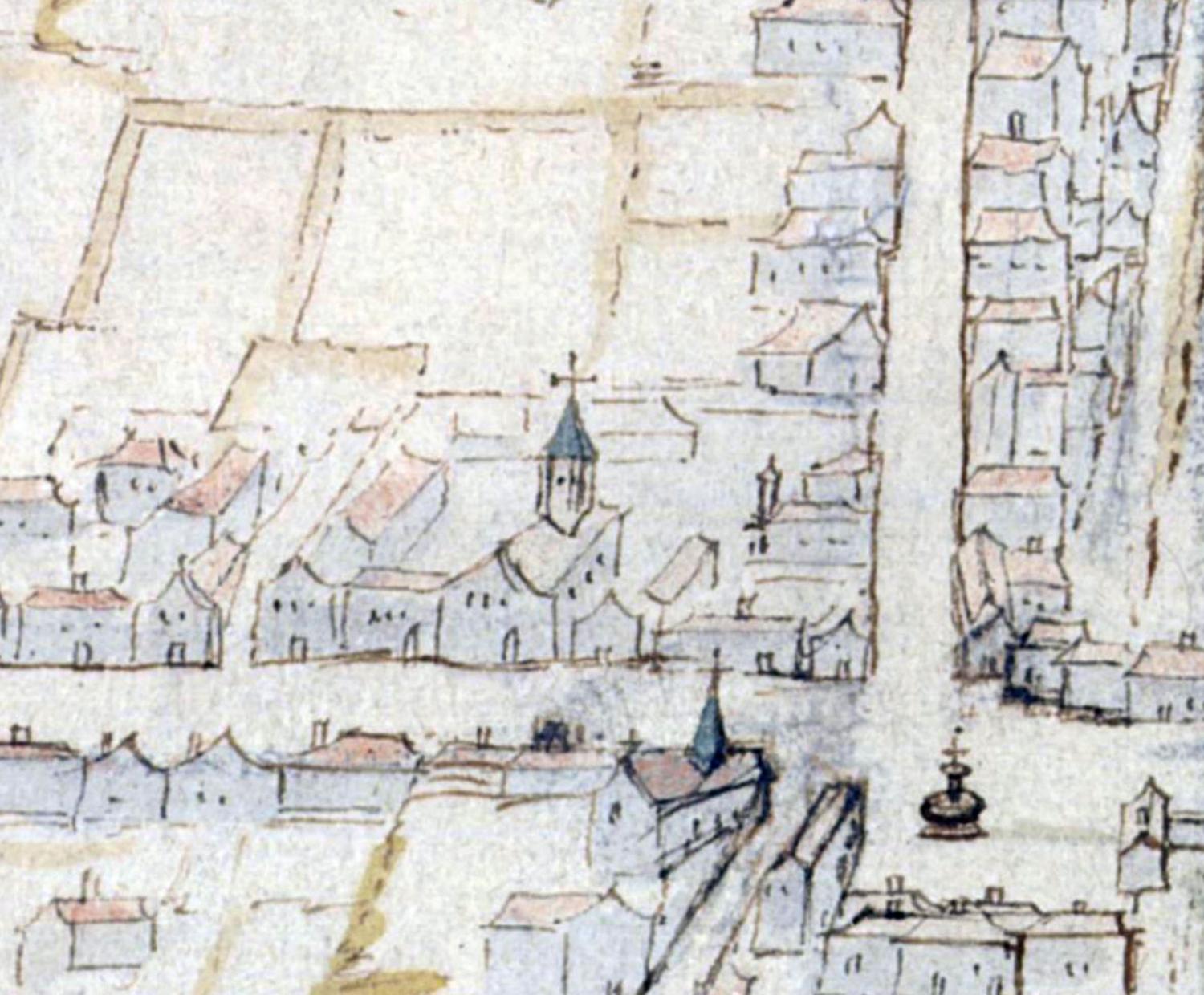 Plan de Moulins, v. 1650, détail : bâtiments et cour du collège (B.n.F., Cartes et plans, GE BB-246, XI,146-147RES) 